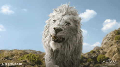 A Picture Of A White Lion With Mufasa The Lion King Written On The Bottom GIF