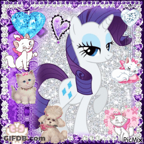 A Picture Of A White Pony With A Purple Mane Surrounded By Cats GIF