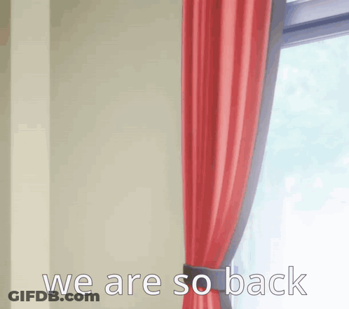 A Picture Of A Window With A Red Curtain And The Words We Are So Back GIF