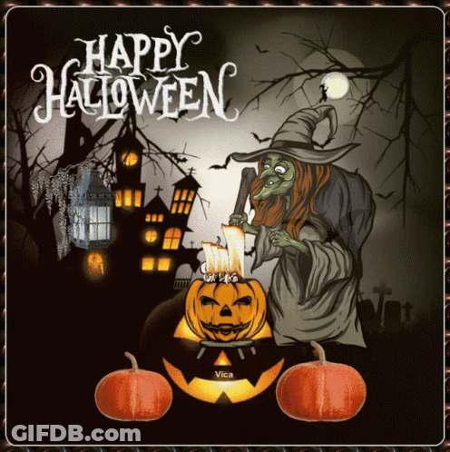 A Picture Of A Witch And Pumpkins With The Words Happy Halloween GIF