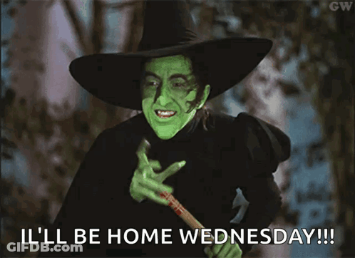 A Picture Of A Witch Holding A Bat And Saying " Ill Be Home Wednesday " GIF
