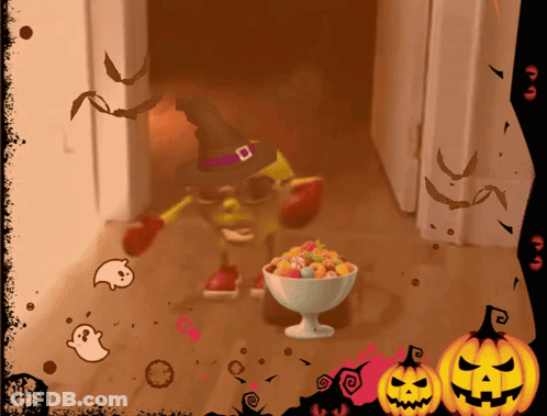 A Picture Of A Witch With A Bowl Of Candy GIF