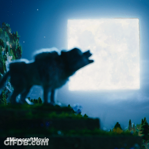 A Picture Of A Wolf Howling At The Moon With The Hashtag #Minecraftmovie GIF