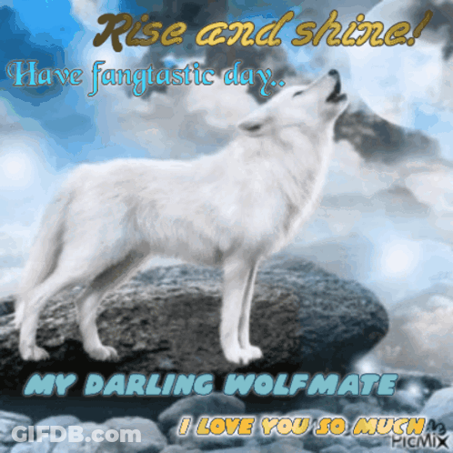 A Picture Of A Wolf Howling With The Words Rise And Shine GIF