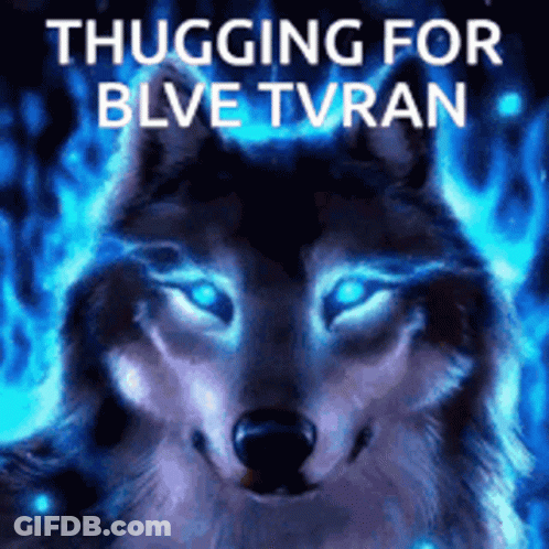 A Picture Of A Wolf With Blue Eyes And The Words Thugger For Blvve Tyran GIF