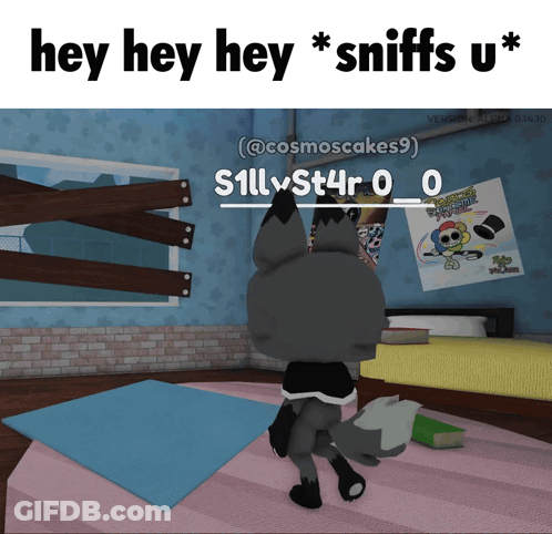 A Picture Of A Wolf With The Words Hey Hey Sniffs U On Top GIF