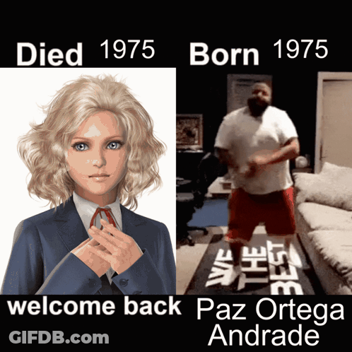 A Picture Of A Woman And A Picture Of A Man With The Words Welcome Back Paz Ortega Andrade GIF
