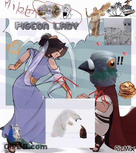 A Picture Of A Woman And A Pigeon With The Words Pigeon Lady Above Them GIF