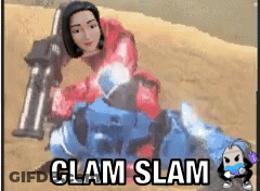 A Picture Of A Woman And A Robot With The Words Clam Slam GIF