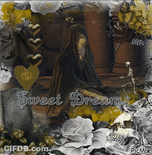 A Picture Of A Woman And A Skeleton With The Words Sweet Dreams On The Bottom GIF