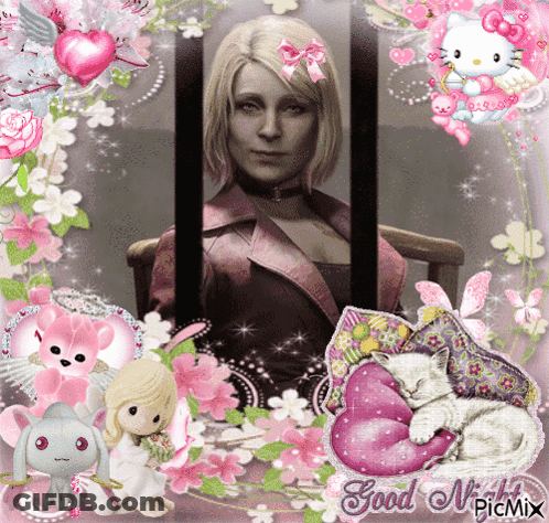 A Picture Of A Woman Behind Bars With Flowers And Hello Kitty GIF