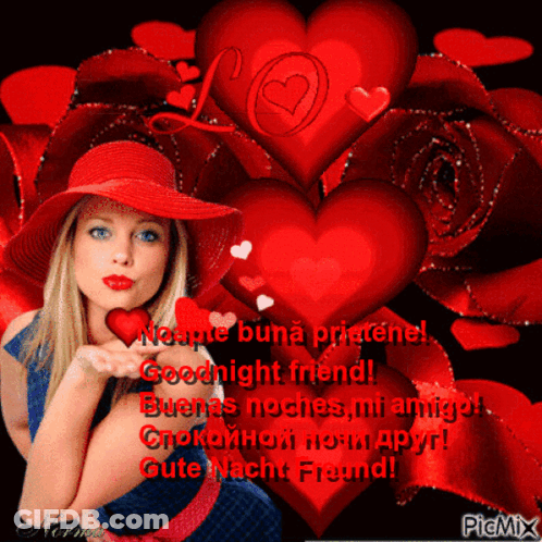 A Picture Of A Woman Blowing A Kiss With The Words Goodnight Friend Written On It GIF