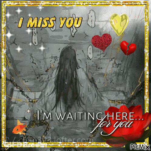 A Picture Of A Woman Chained To A Wall With The Words " I Miss You I 'M Waiting Here For You " GIF