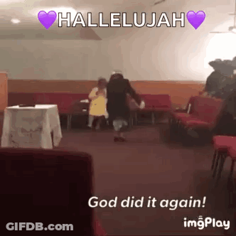 A Picture Of A Woman Dancing In A Church With The Words Hallelujah God Did It Again GIF
