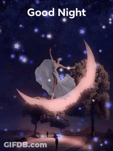 A Picture Of A Woman Dancing On A Crescent Moon With The Words Good Night Above Her GIF