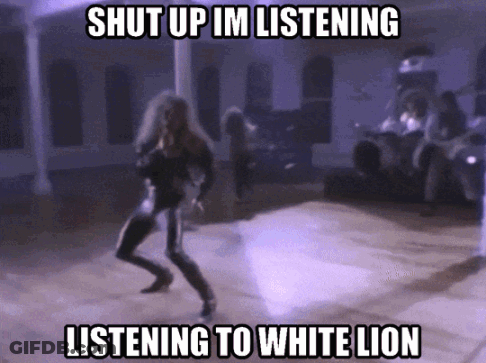 A Picture Of A Woman Dancing With The Words Shut Up Im Listening Listening To White Lion GIF