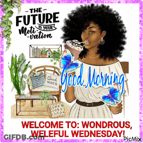 A Picture Of A Woman Drinking A Drink With The Words " The Future Is Your Motivation " Written On It GIF