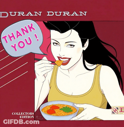 A Picture Of A Woman Eating A Bowl Of Soup With A Thank You Speech Bubble GIF