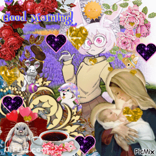 A Picture Of A Woman Holding A Baby With The Words Good Morning Written On It GIF
