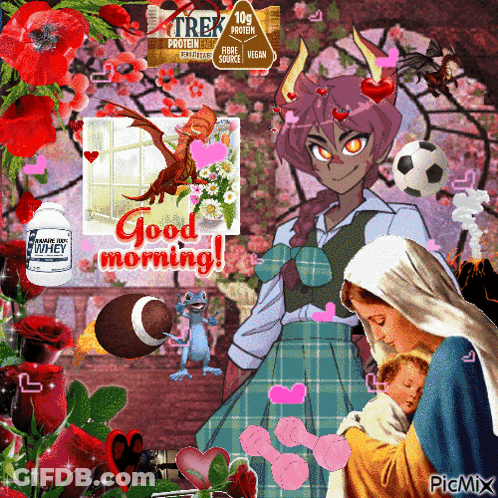 A Picture Of A Woman Holding A Baby With The Words Good Morning Written On It GIF