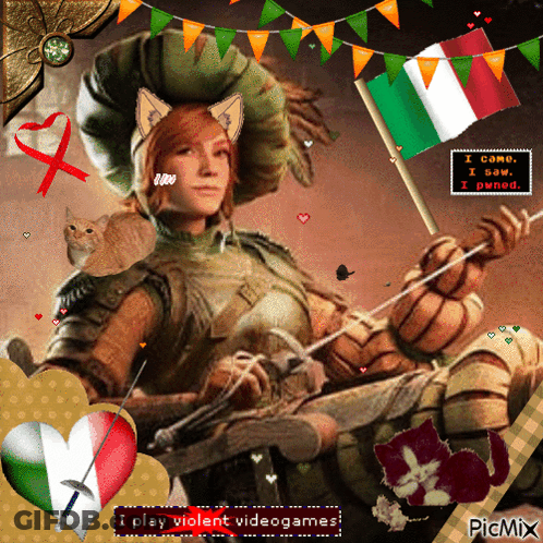 A Picture Of A Woman Holding A Bow And Arrow With The Words " I Play Violent Videogames " On The Bottom GIF