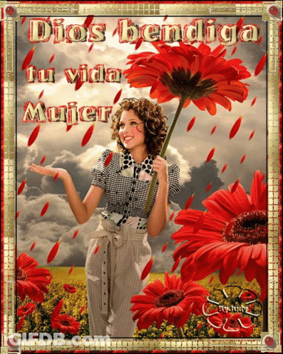 A Picture Of A Woman Holding A Flower That Says Dios Bendiga GIF