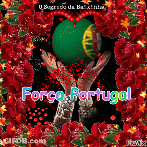 A Picture Of A Woman Holding A Green Ball With The Words Força Portugal On The Bottom GIF