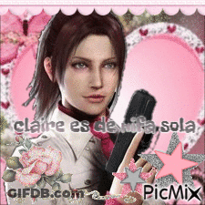 A Picture Of A Woman Holding A Gun With The Name Claire Written On It GIF