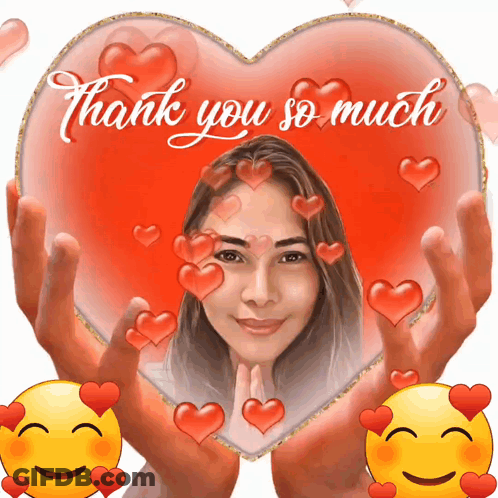 A Picture Of A Woman Holding A Heart With The Words Thank You So Much Written On It GIF