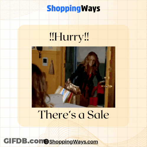 A Picture Of A Woman Holding A Purse With The Words " Hurry There 'S A Sale " GIF