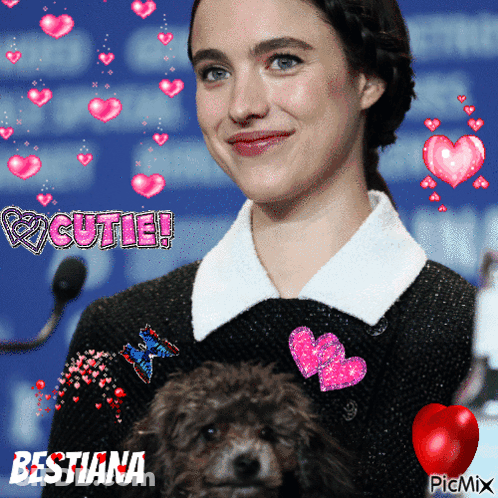 Woman Holding Small Dog With Cutie Text GIF