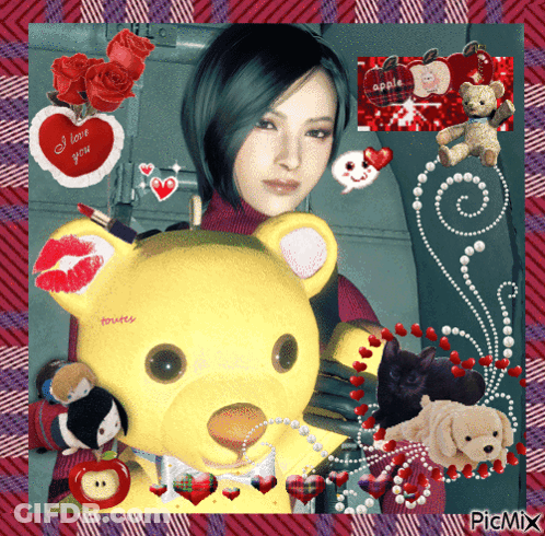 A Picture Of A Woman Holding A Teddy Bear With A Heart That Says I Love You On It GIF