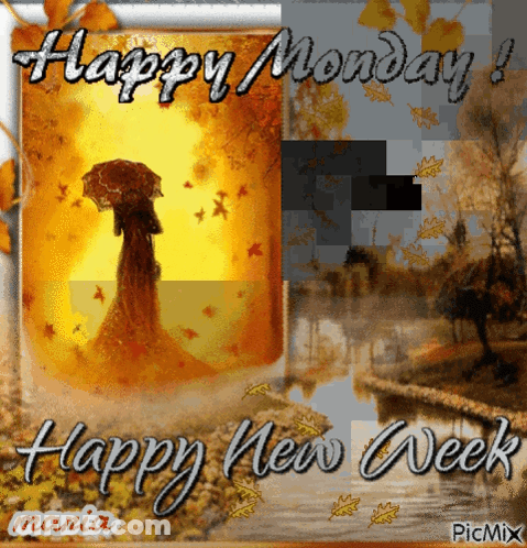 A Picture Of A Woman Holding An Umbrella That Says Happy Monday GIF
