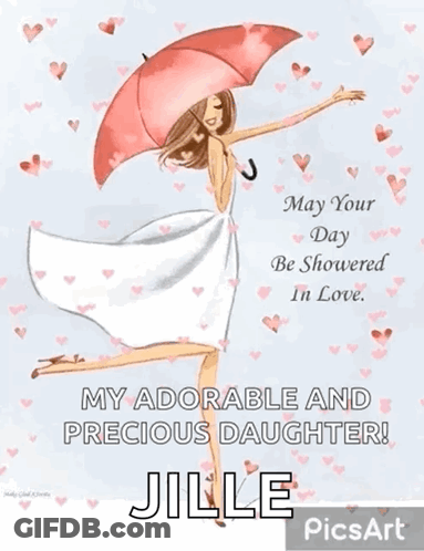 A Picture Of A Woman Holding An Umbrella With The Name Jille GIF