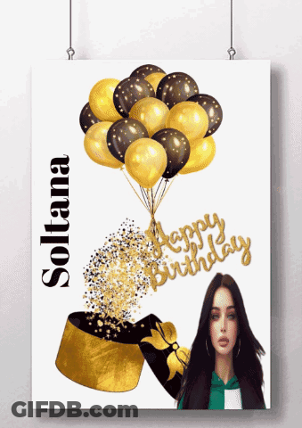 A Picture Of A Woman Holding Balloons And The Words Happy Birthday GIF