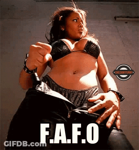 A Picture Of A Woman In A Bikini With The Words F.a.f.o GIF