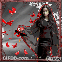 A Picture Of A Woman In A Black Dress With Red Butterflies Around Her GIF