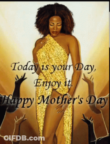 A Picture Of A Woman In A Gold Dress With The Words " Today Is Your Day Enjoy It " GIF