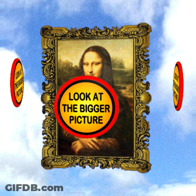 A Picture Of A Woman In A Gold Frame With A Yellow Circle That Says Look At The Bigger Picture GIF