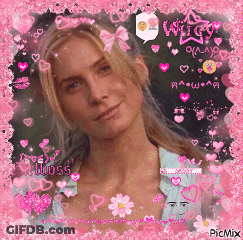 A Picture Of A Woman In A Pink Frame With The Word Wigg On The Top GIF