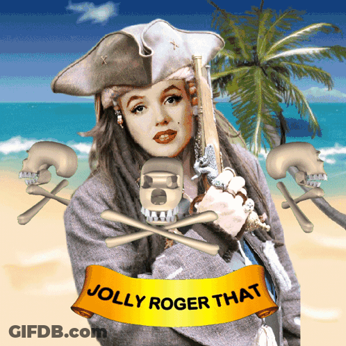 A Picture Of A Woman In A Pirate Costume With The Words Jolly Roger That On The Bottom GIF