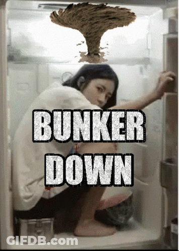 A Picture Of A Woman In A Refrigerator With The Words Bunker Down On It GIF