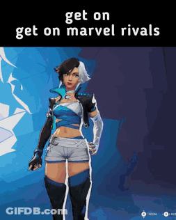 A Picture Of A Woman In A Video Game With The Words Get On Get On Marvel Rivals GIF