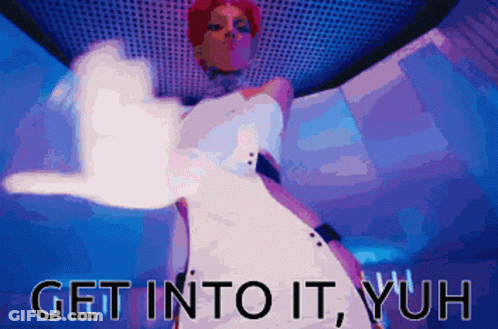 A Picture Of A Woman In A White Dress With The Words Get Into It Yuh Below Her GIF