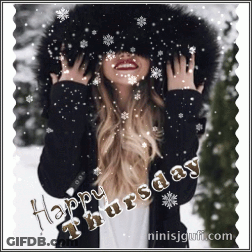 A Picture Of A Woman In The Snow With The Words Happy Thursday On It GIF
