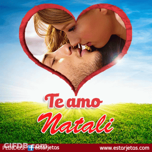 A Picture Of A Woman Kissing A Man In A Heart Shaped Frame That Says Te Amo Natali GIF