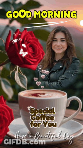 A Picture Of A Woman Next To A Cup Of Coffee That Says Good Morning GIF