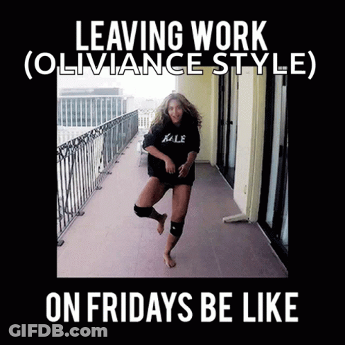 A Picture Of A Woman On A Balcony With The Caption Leaving Work Oliviance Style On Fridays Be Like GIF