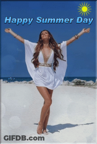 A Picture Of A Woman On The Beach With The Words Happy Summer Day GIF