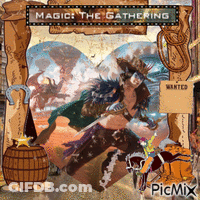 A Picture Of A Woman Riding A Horse With The Words Magic The Gathering On Top GIF